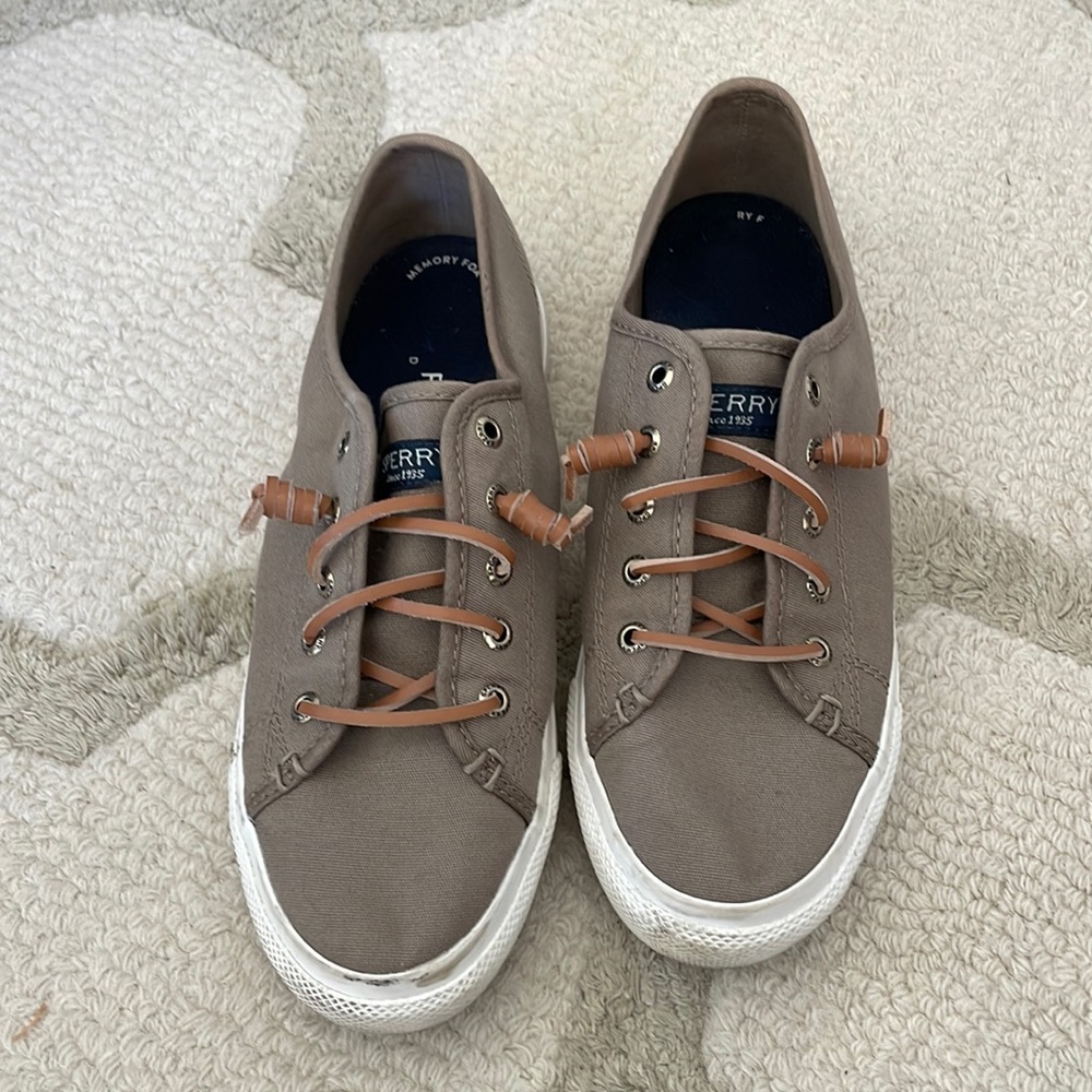 Sperry Taupe Canvas Low-Top Sneakers with Brown Laces